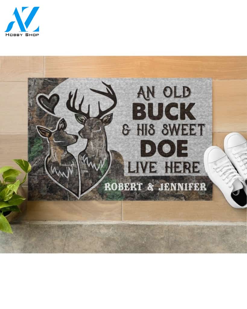 Deer Camo An old buck and his sweat doe live here personalized doormat