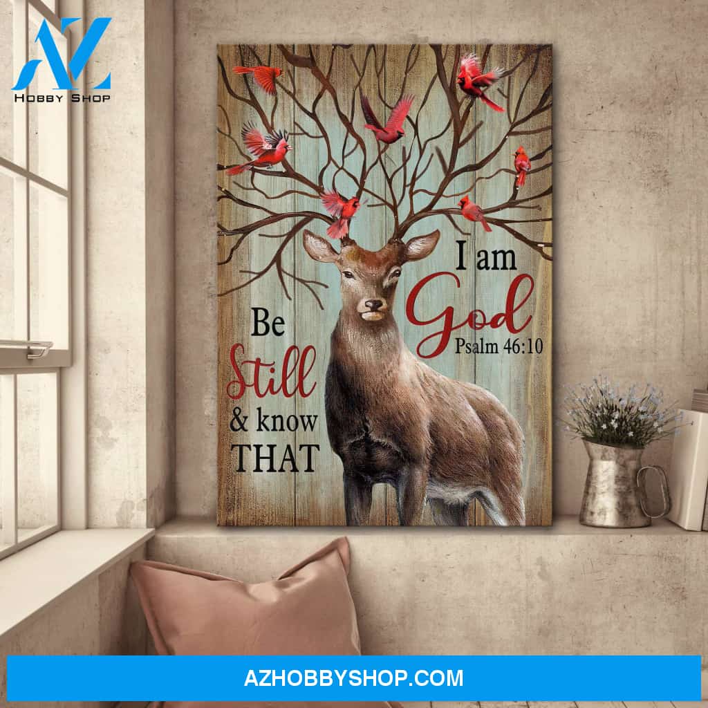 Deer with cardinal - Be still and know that I am God - Jesus Portrait Canvas Prints, Wall Art