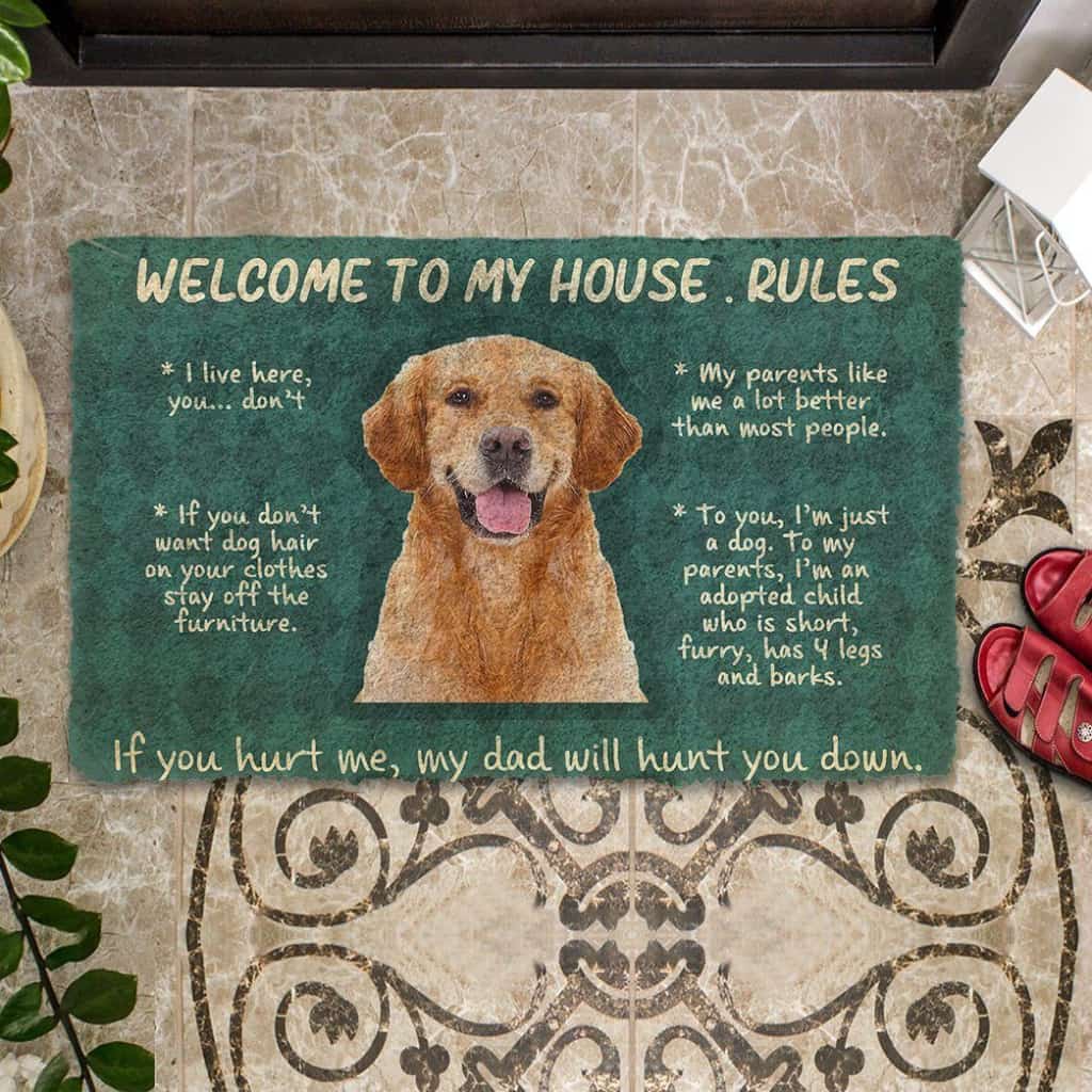 Dog Doormat 3D Golden Retriever Welcome To My House Rules Custom Doormat
