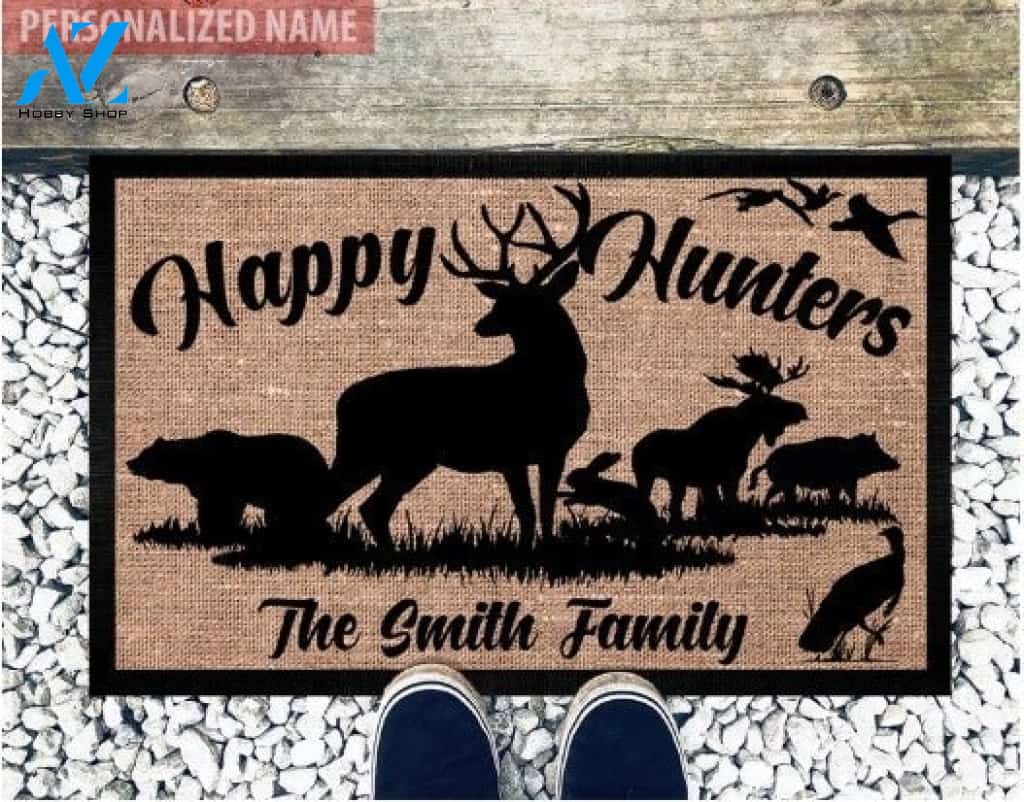 Wozoro Doormat Deer Moose Boar Goose Hunting Personalized Happy Hunters Size 18 x 30, 24 x 36, 36 x 60 inch