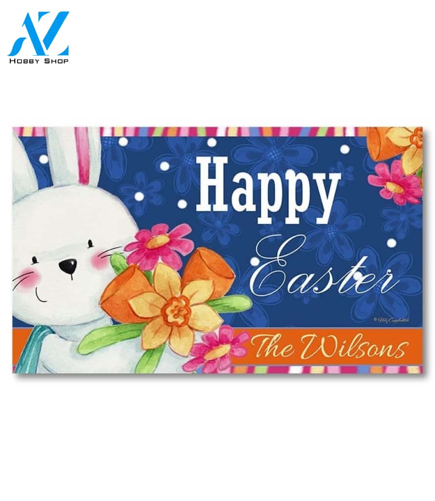 Easter Fun Bunny and Flowers Personalized Doormat - 18" x 30"