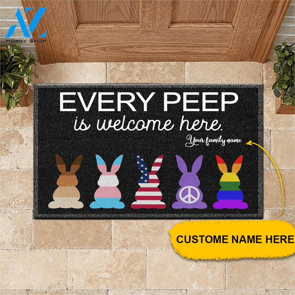 Easter Hippe LGBT Black Custom Doormat Every Peep Is Welcome Here Personalized Gift | WELCOME MAT | HOUSE WARMING GIFT
