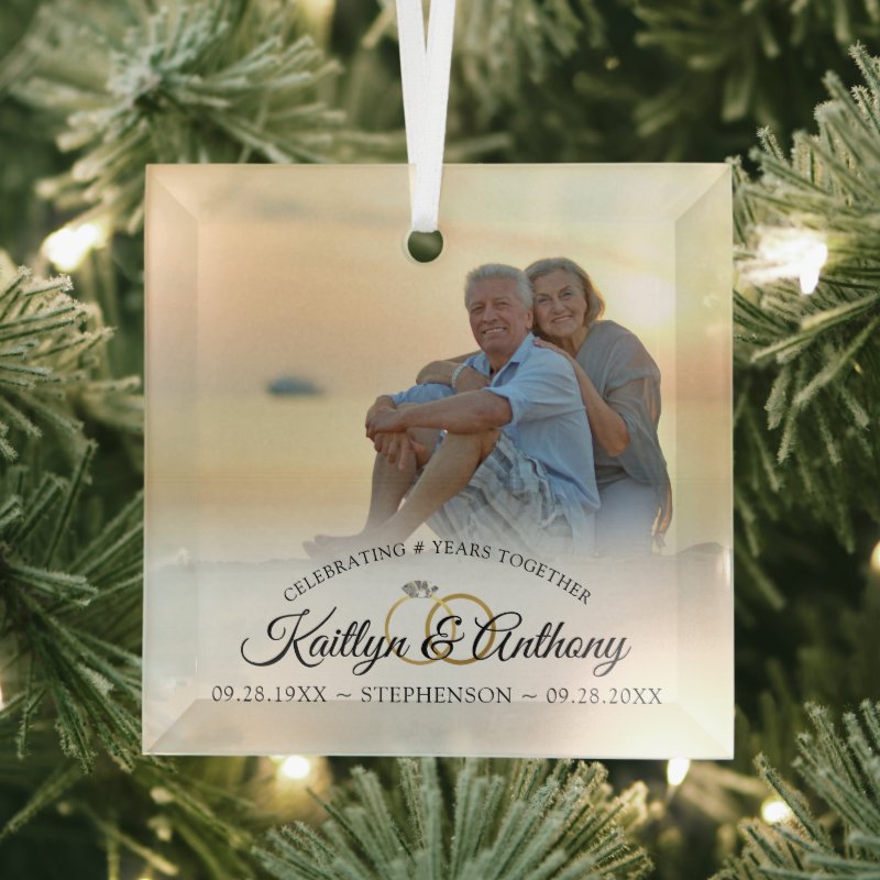 Elegant Any Anniversary Photo Calligraphy Script Glass Ornament