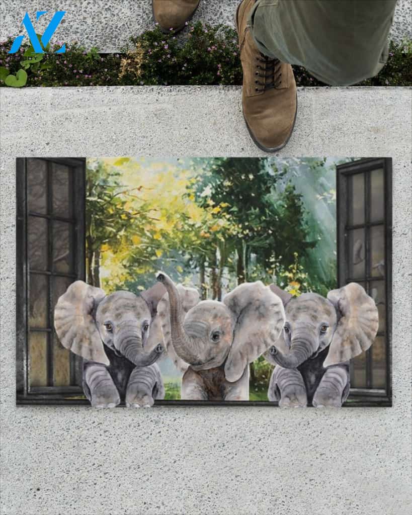 Elephant In Garden Window Funny Doormat Gift For Elephant Lovers Home Decor Warm House Gift Welcome Mat, Birthday Gift