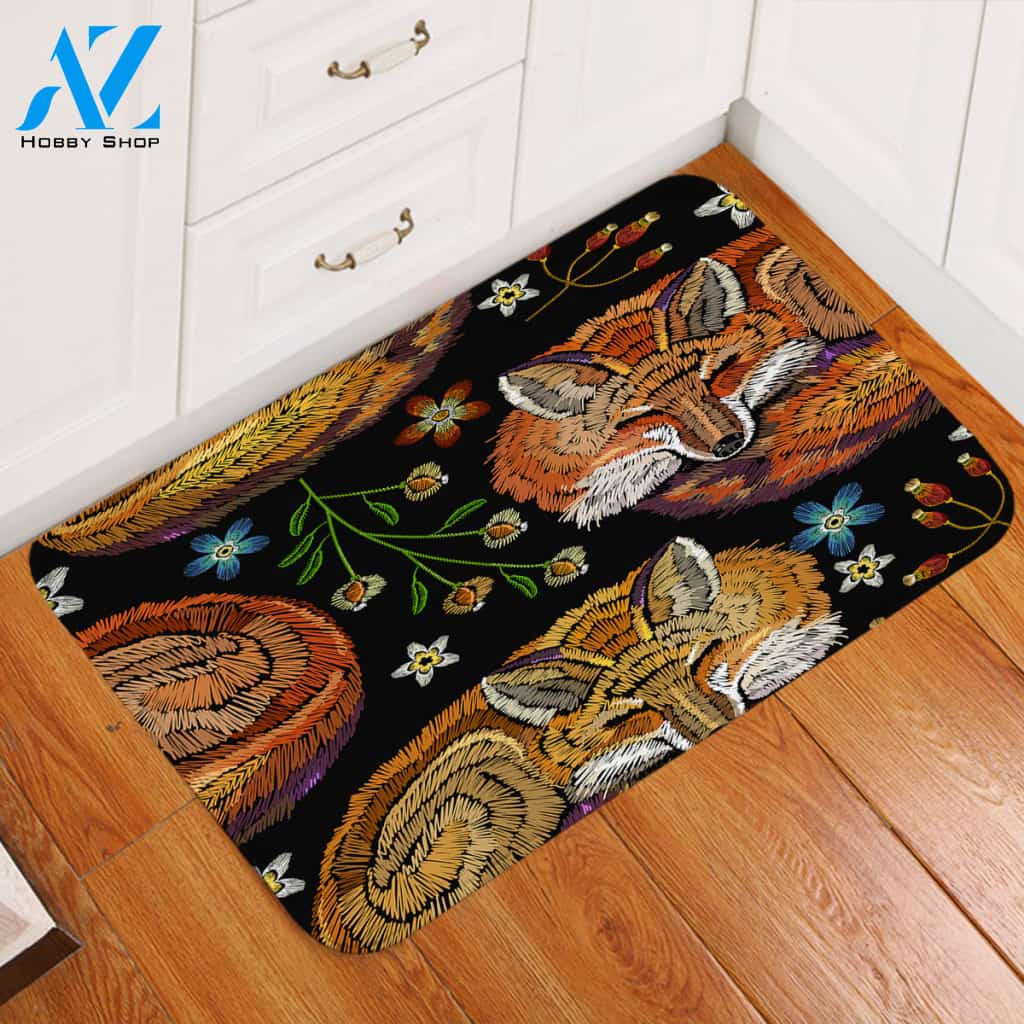 Embroidered Foxes Door Mat