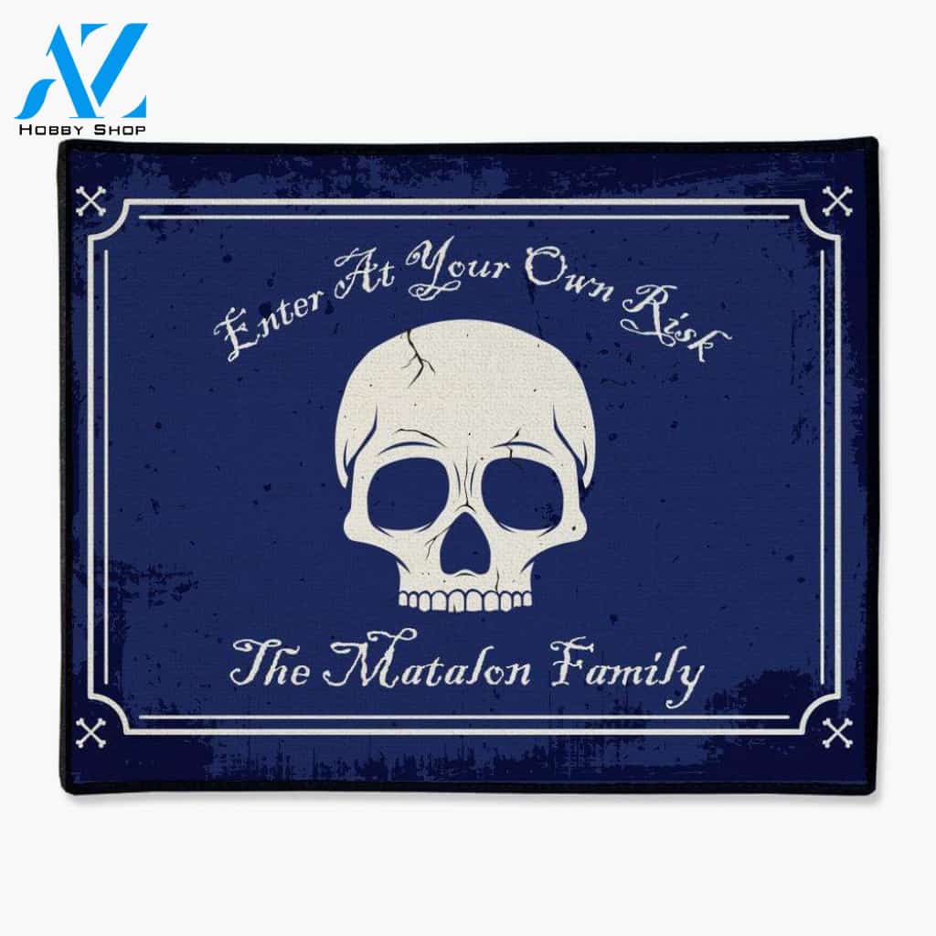 Enter At Your Own Risk Personalized Halloween Skull Doormat
