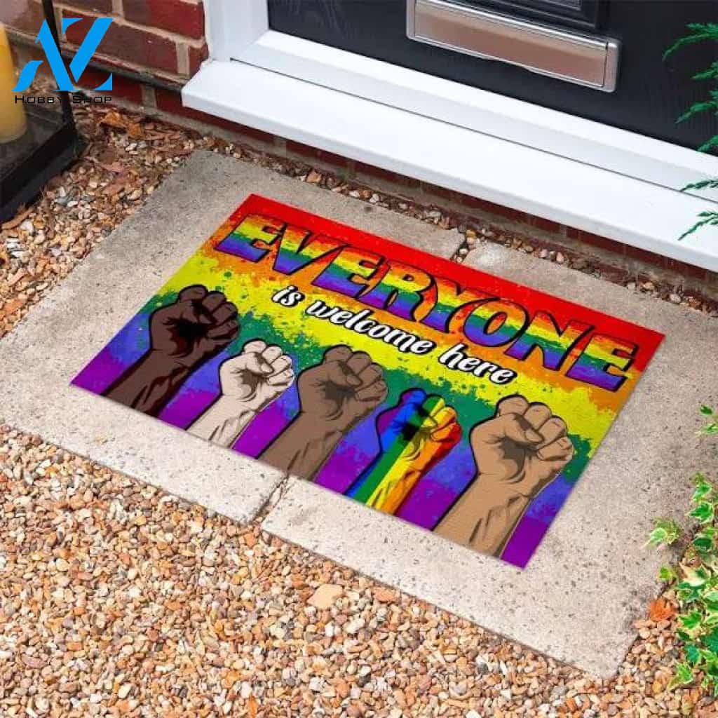Everyone Is Welcome Here Peaceful Gender Racial Equality Entrance Indoor Outdoor Decorative Doormat