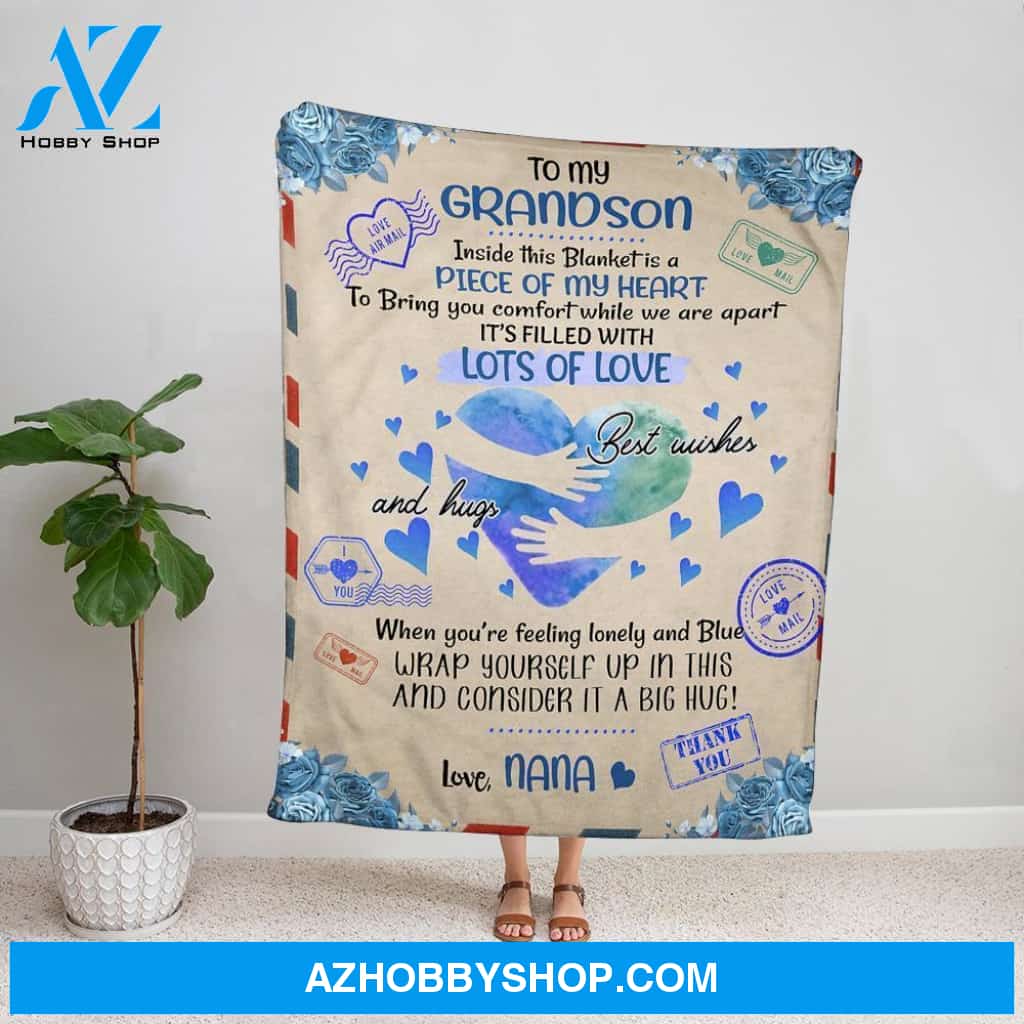 Personalized Blanket, Family Letter To My Grandson Inside This Blanket Is A Piece Of My Heart Lots Of Love Love Mail Fleece Blanket