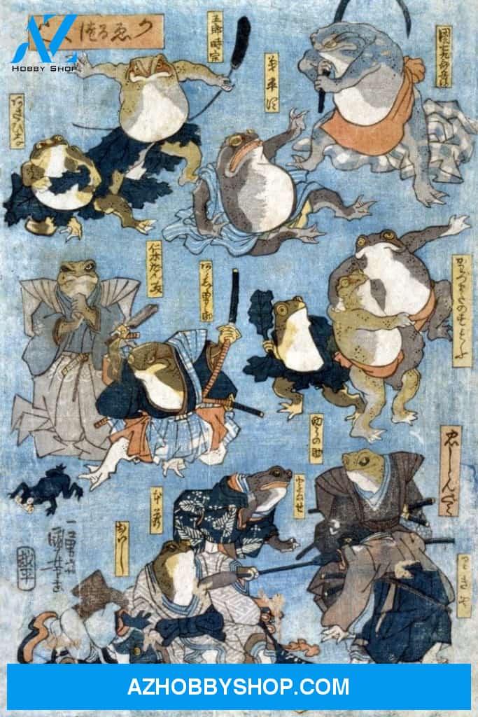 Famous Heroes Of The Kabuki Stage Played By Frogs Japanese Wood-Cut