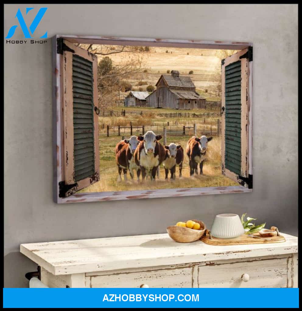Farmhouse Window Barn With Hereford Cows Canvas And Poster, Wall Decor Visual Art