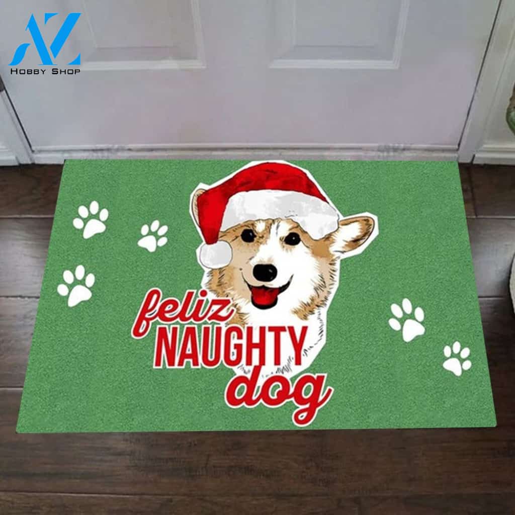 Feliz Naughty Dog Green Background Doormat Christmas Home Decor Doormat Rug Welcome Mat Housewarming Home Decor Funny Doormat Gift Idea