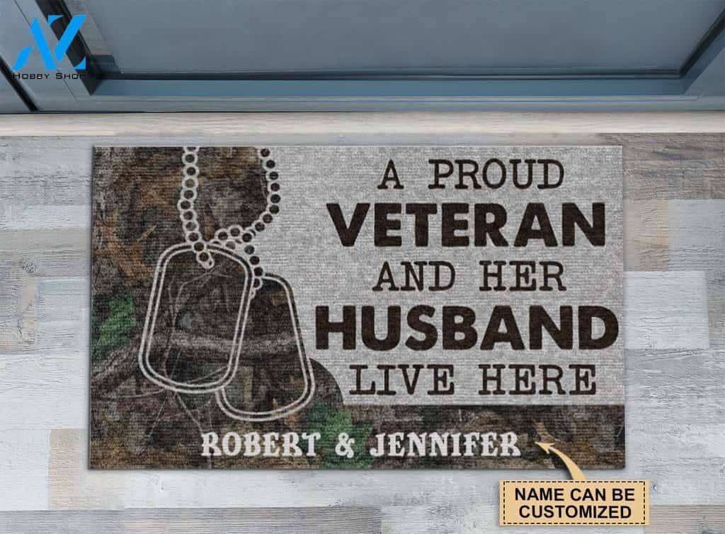 Female Veteran And Her Husband Live Here Custom Doormat | Welcome Mat | House Warming Gift