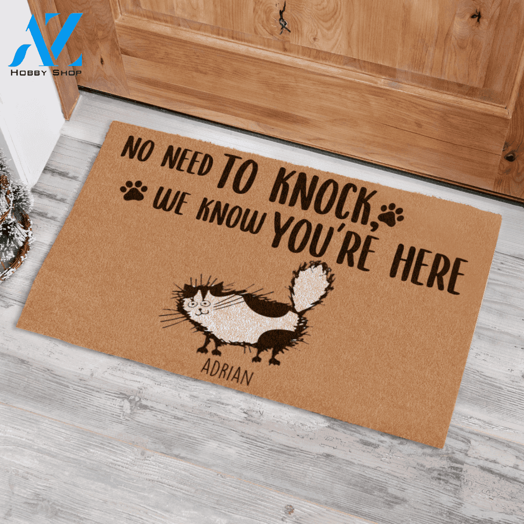 Fluffy Cat, No Need To Knock We Know You Are Here Personalized Doormat HQ