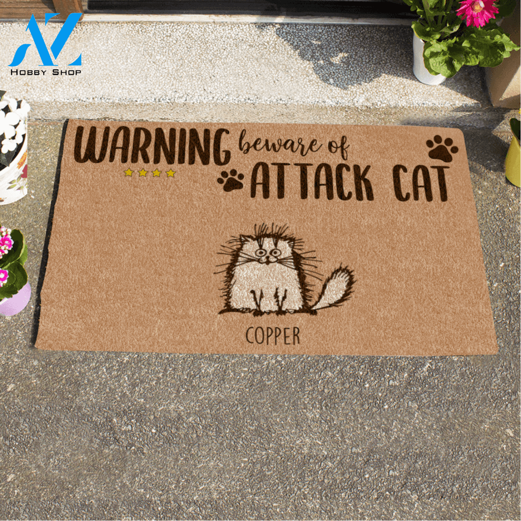 Fluffy Cat, Warning Beware Of Attack Cat, Personalized Doormat HQ