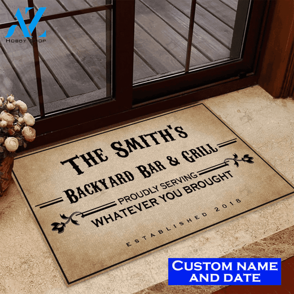 Food & Drink Bar & Grill Proudly Serving Custom Doormat | Welcome Mat | House Warming Gift