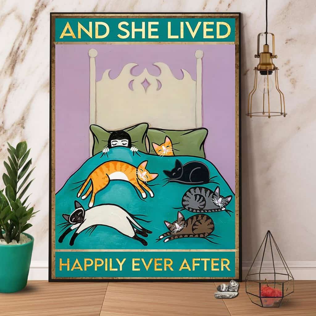 Funny Girl & Cat And She Live Happily Ever After Paper Poster No Frame Matte Canvas Wall Decor