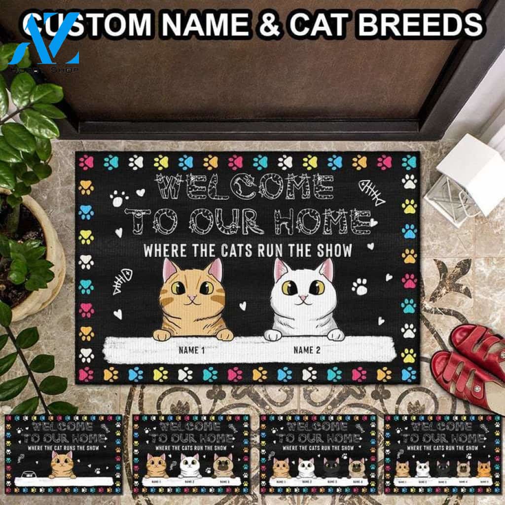 Funny Personalized Cat Doormat, Welcome To Our Home Where The Cats Run The Show Doormat, Custom Cat Doormat, Welcome Doormat, Cat Lover Gift