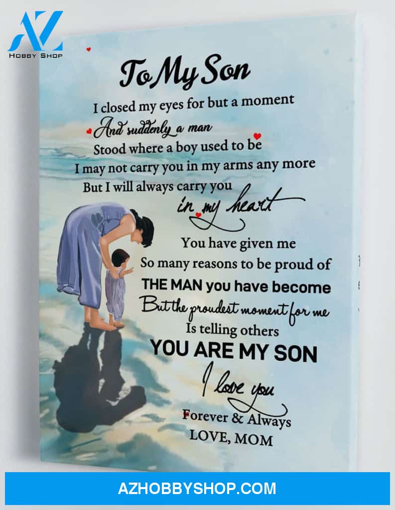 Gift for Son from Mom - Mom and Baby on The Beach - I will always carry you in my heart - Framed Canvas Gift MS044