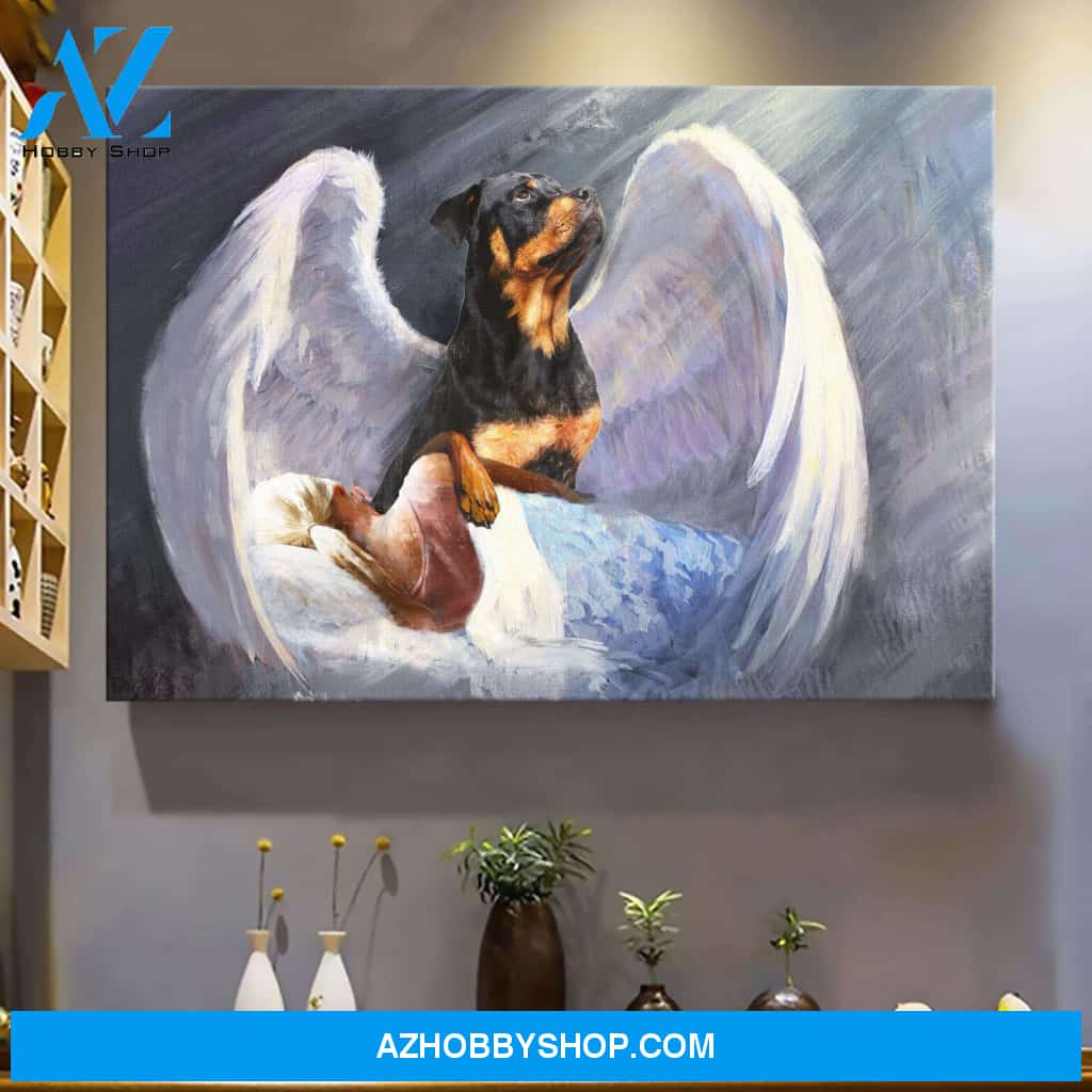 Girl and Rottweiler with beautiful wings Rottweiler Landscape Canvas Prints - Wall Art