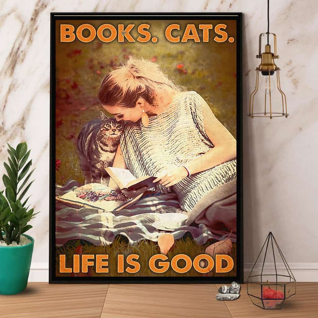 Girl & Cat Books Cats Life Is Good Paper Poster No Frame Matte Canvas Wall Decor