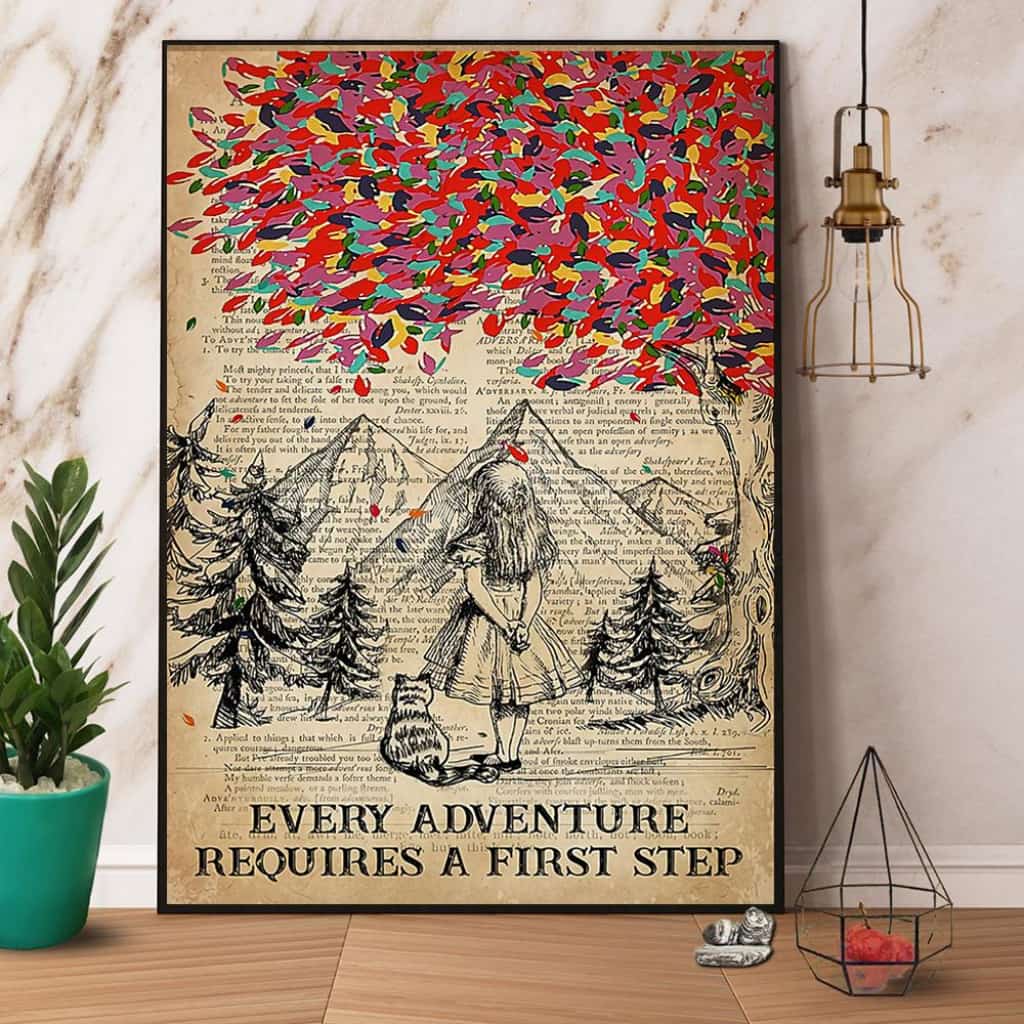 Girl & Cat Every Adventure Requires A First Step Paper Poster No Frame Matte Canvas Wall Decor