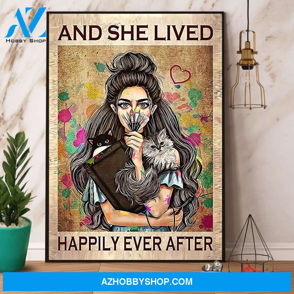 Girl & Cats And She Lived Happily Ever After Canvas And Poster, Wall Decor Visual Art