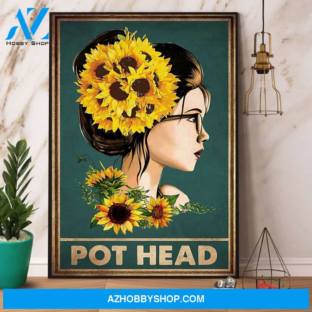 Girl Sunflower Pot Head Canvas And Poster, Wall Decor Visual Art