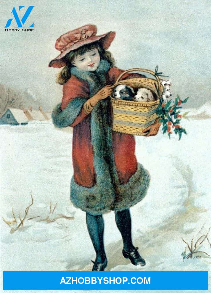 Girl With Puppies In Basket Vintage Poster