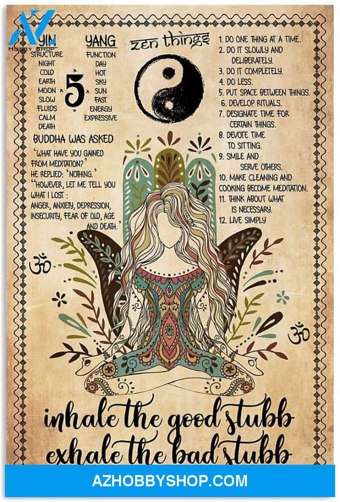 Inhale The Good Stuff Woman Girl Yoga Meditation Posing Hamsa Pattern Yin Yang Zen Thing Beige, Wall Art, Home Decor