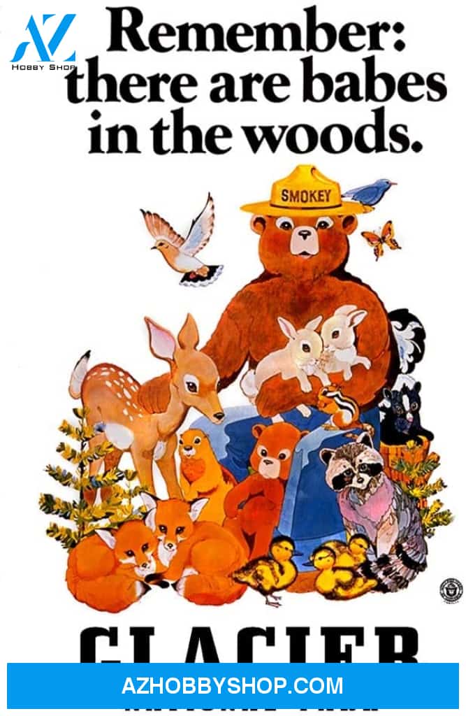 Glacier National Park Montana Smokey Bear Babes In The Woods Vintage Poster