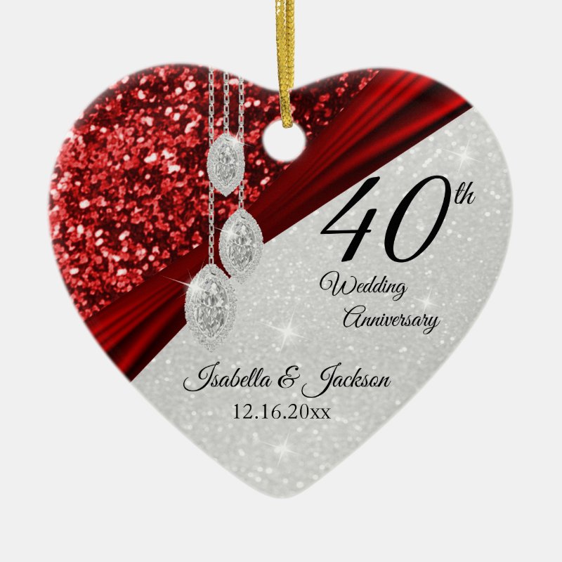 Glitter Red Ruby And Diamond 40Th Anniversary Ceramic Ornament
