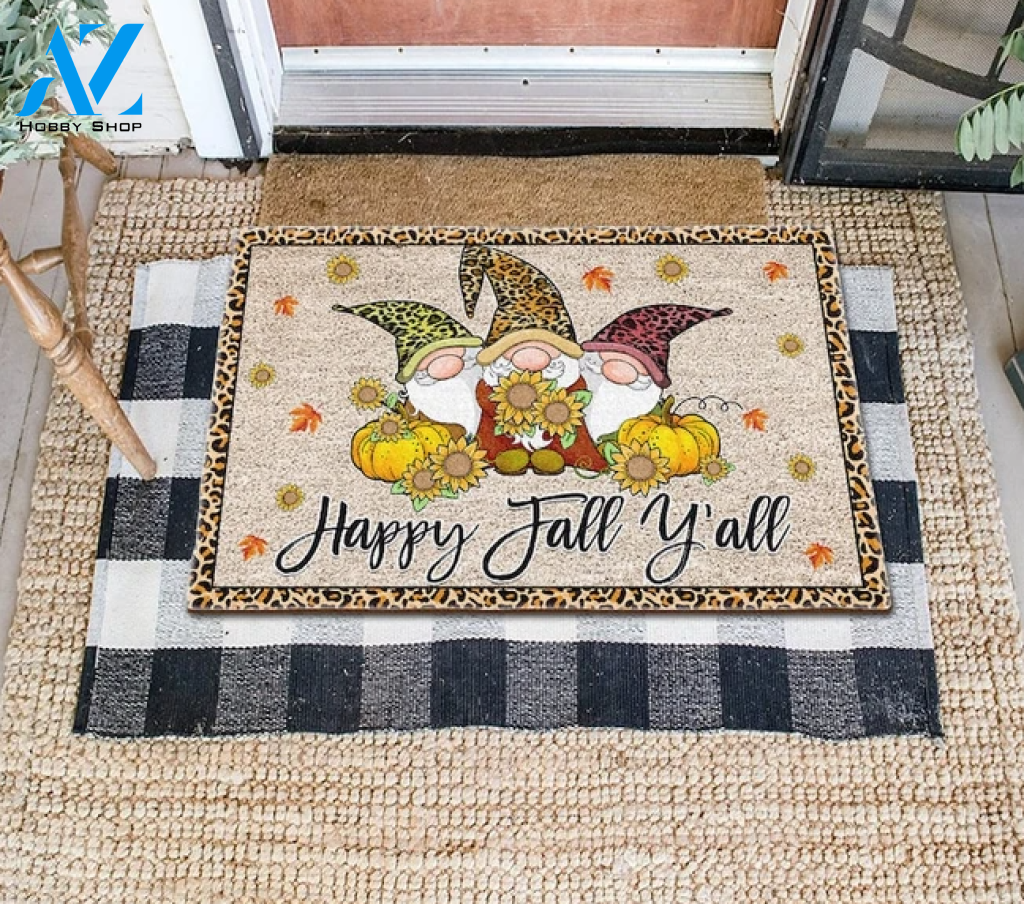 Gnomes Happy Fall Y'all Doormat, Fall Gnomes Doormat, Fall Doormat, Leopard Welcome Mat, Thanksgiving Doormat, Gift For Friend Family