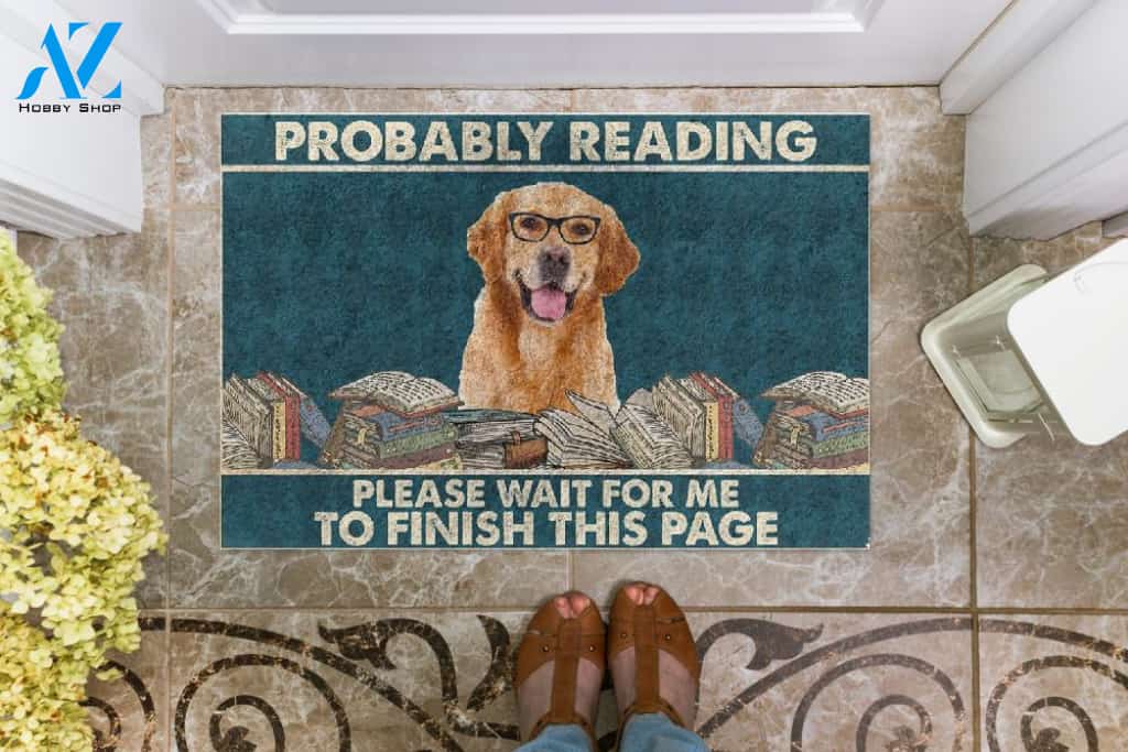 Personalized Name Family House Golden Retriever- Probably Reading Please Wait For Me To Finish This Page Doormat Welcome Mat Housewarming Gift Home Decor Funny Doormat Gift For Book Lovers