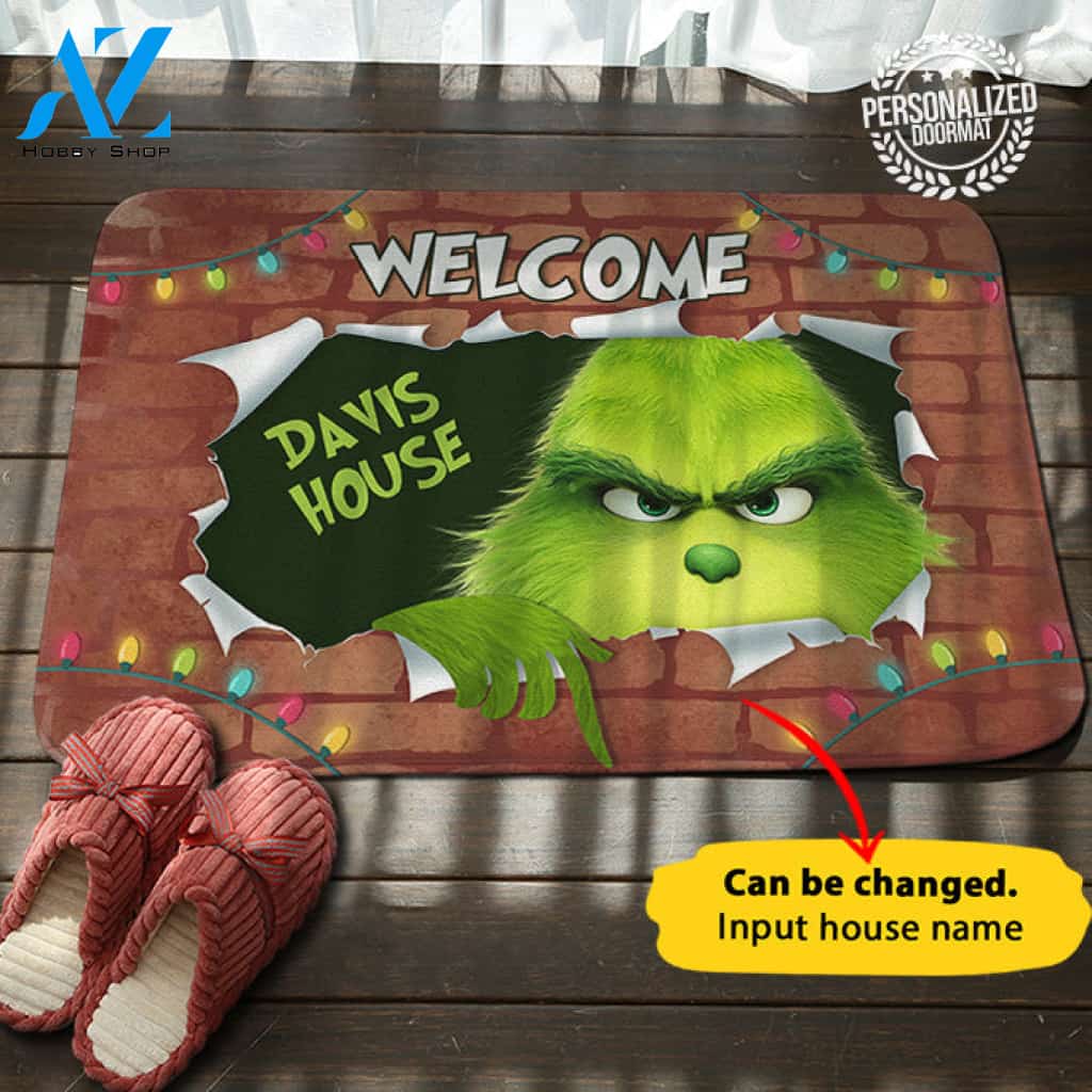 Grinch Broken House Name Personalized Doormat
