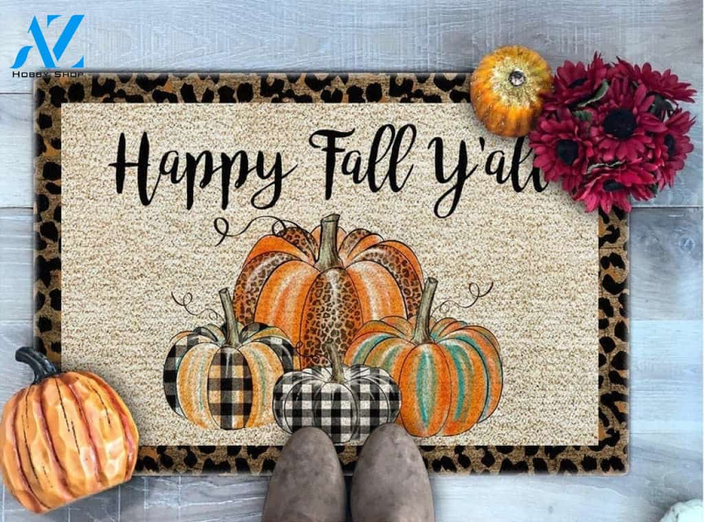 Happy Fall Y'all Leopard Print Pumpkins Thanksgiving Funny Doormat Gift For Friend Family Home Decor Warm House Gift Welcome Mat Halloween Decor