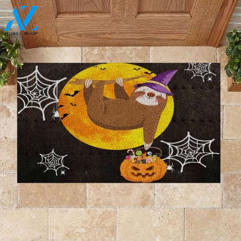 Happy Halloween , Sloth Halloween Witch Sunset Doormat, Gift For Family Friends Home Decor Warm House Gift Welcome Mat