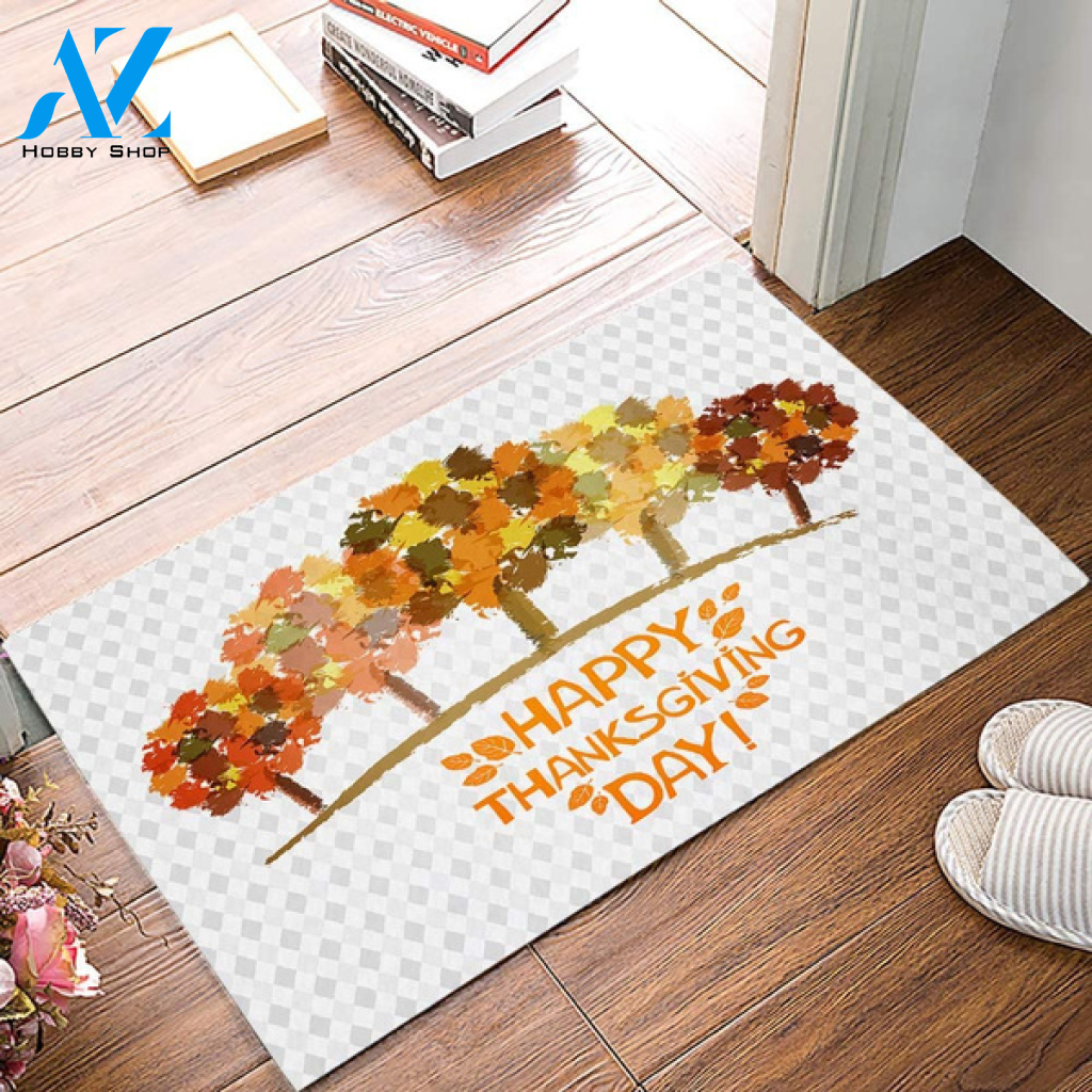 Happy Thanksgiving Day - Autumn Tree Rhombus Background Doormat Welcome Mat Housewarming Home Decor Funny Doormat Gift Idea