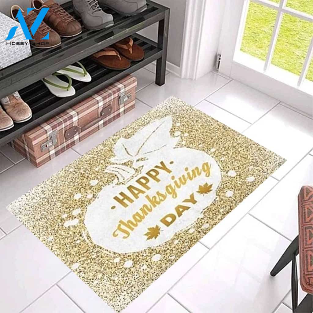 Happy Thanksgiving Day With Pumpkin Glitter Door Mat Indoor Entrance Indoor and Outdoor Mat Entrance Rug Sweet Home Decor Housewarming, Gift For Friend Family