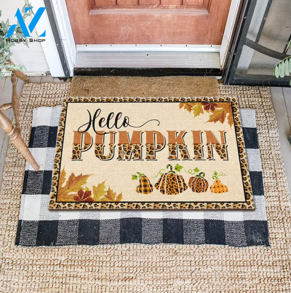 Hello Pumpkin Doormat, Pumpkin Welcome Mat, Leopard Pumpkin Print, Fall Doormat, Fall Decor, Cute Doormat, Thanksgiving Doormat, Gift For Friend Family