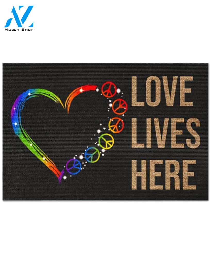 Hippie Peace Love Lives Here Indoor And Outdoor Doormat Warm House Gift Welcome Mat Gift For Friend Family