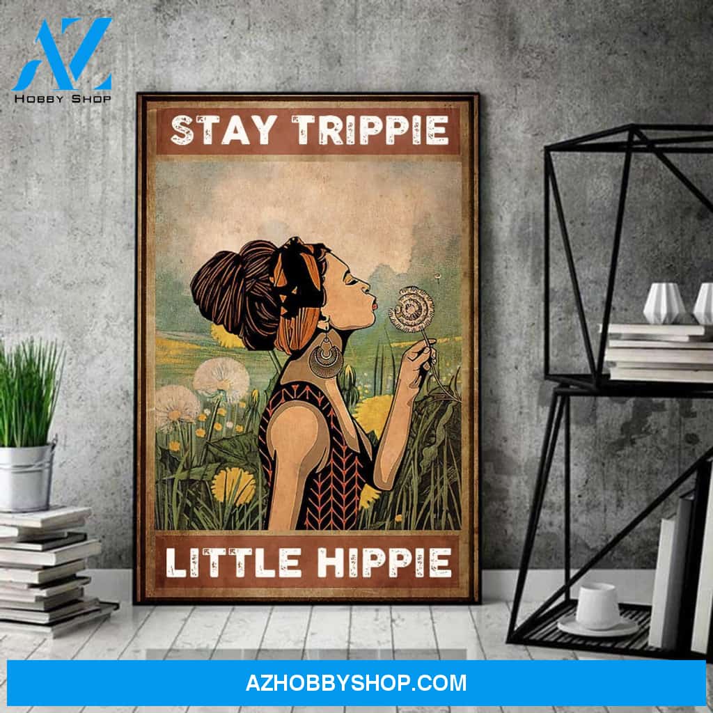 Hippie Stay Trippy Little Hippie Girl And Flowers Table Top Bohemian Canvas And Poster, Wall Decor Visual Art