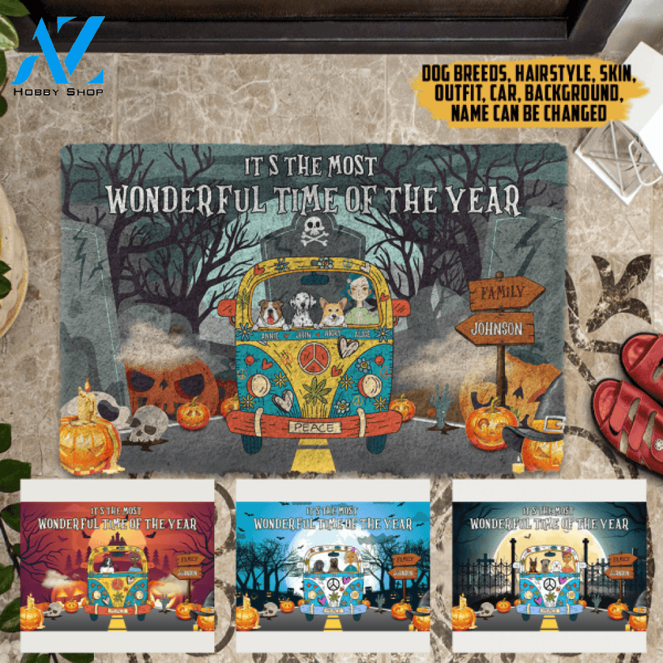 Hippie Travel Van With Dog Halloween Version Personalized Doormat