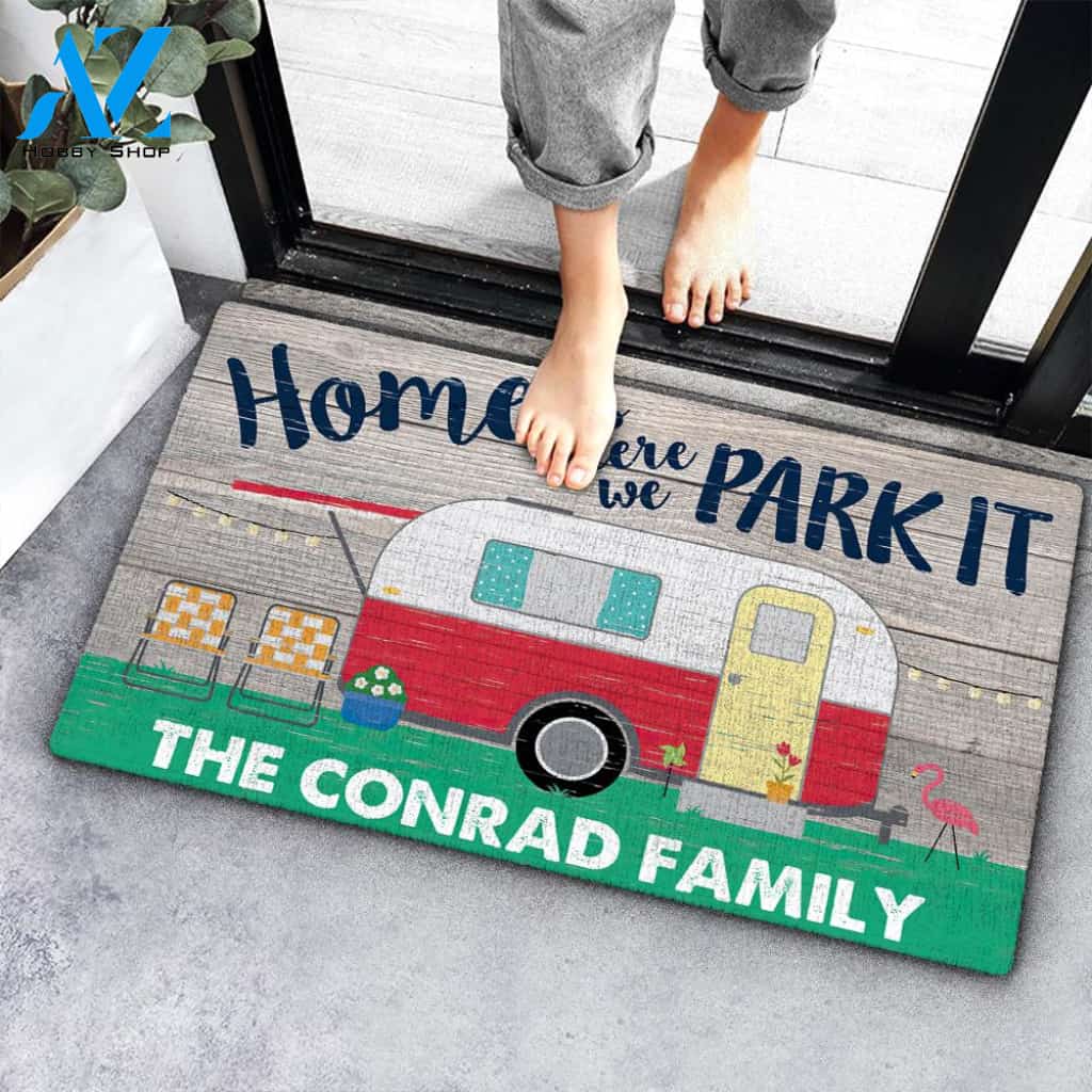 Home Is Where We Park it Family Name Custom Doormat Personalized Doormat Housewarming Gift Custom Welcome Mat