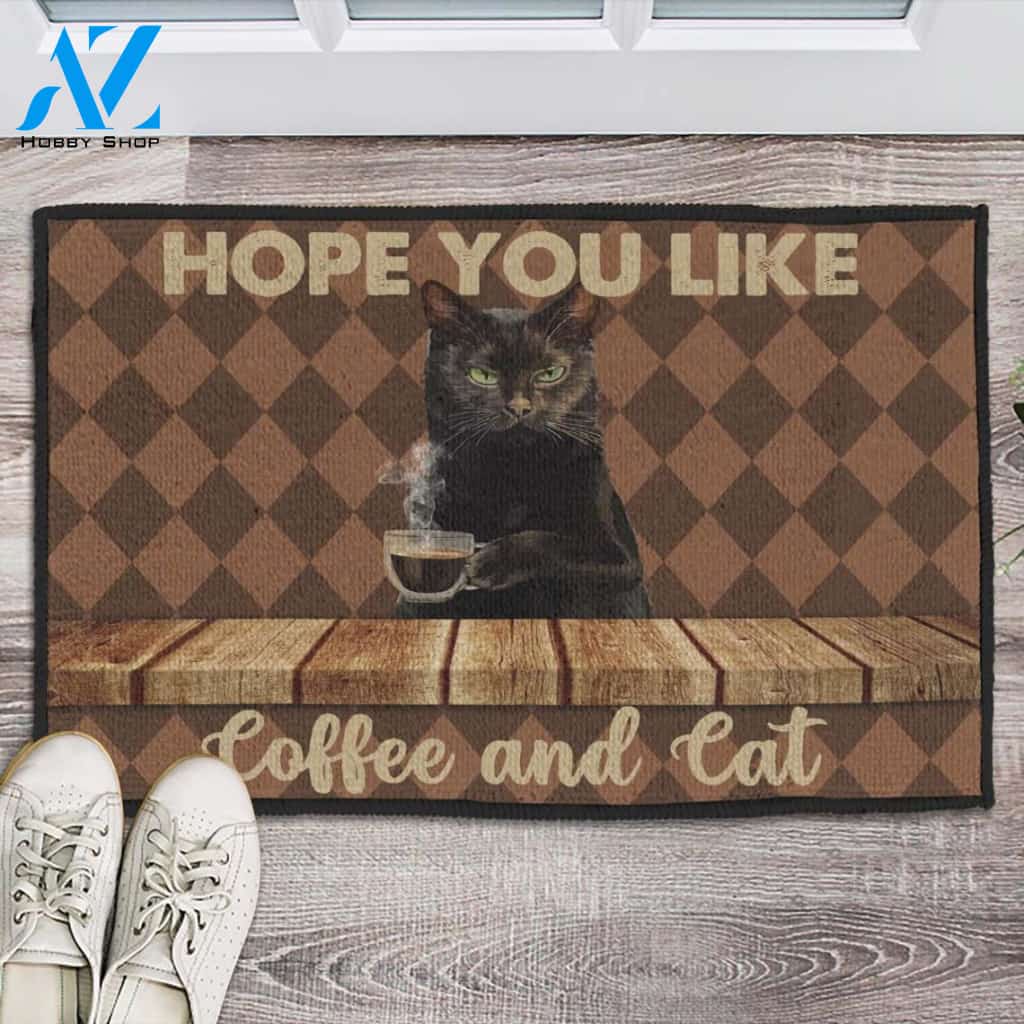 Hope You Like Coffee And Cat Doormat Welcome Mat Housewarming Gift Home Decor Funny Doormat Best Gift Idea For Cat Lovers Gift For Friend