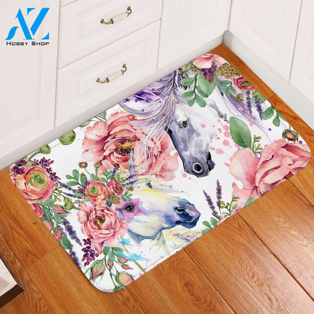 Horse Couple Floral Door Mat