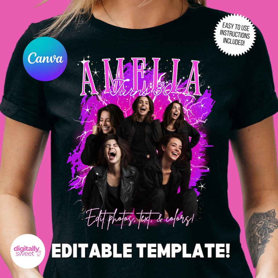 Custom Bootleg Rap Tee Template Custom Photo Birthday Concert Shirt 90s bootleg rap design template 30th Birthday Bach Party Rap T Editable