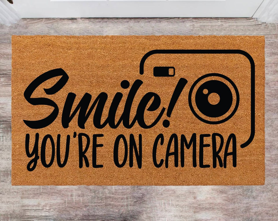 Smile you're in Camera Custom Cute Doormat Family Name Rug Monogram Rug Closing Gift Funny Doormat