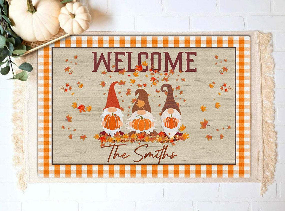 Custom Family Name Fall Gnomes Halloween Doormat | Best Outdoor Halloween Decoration