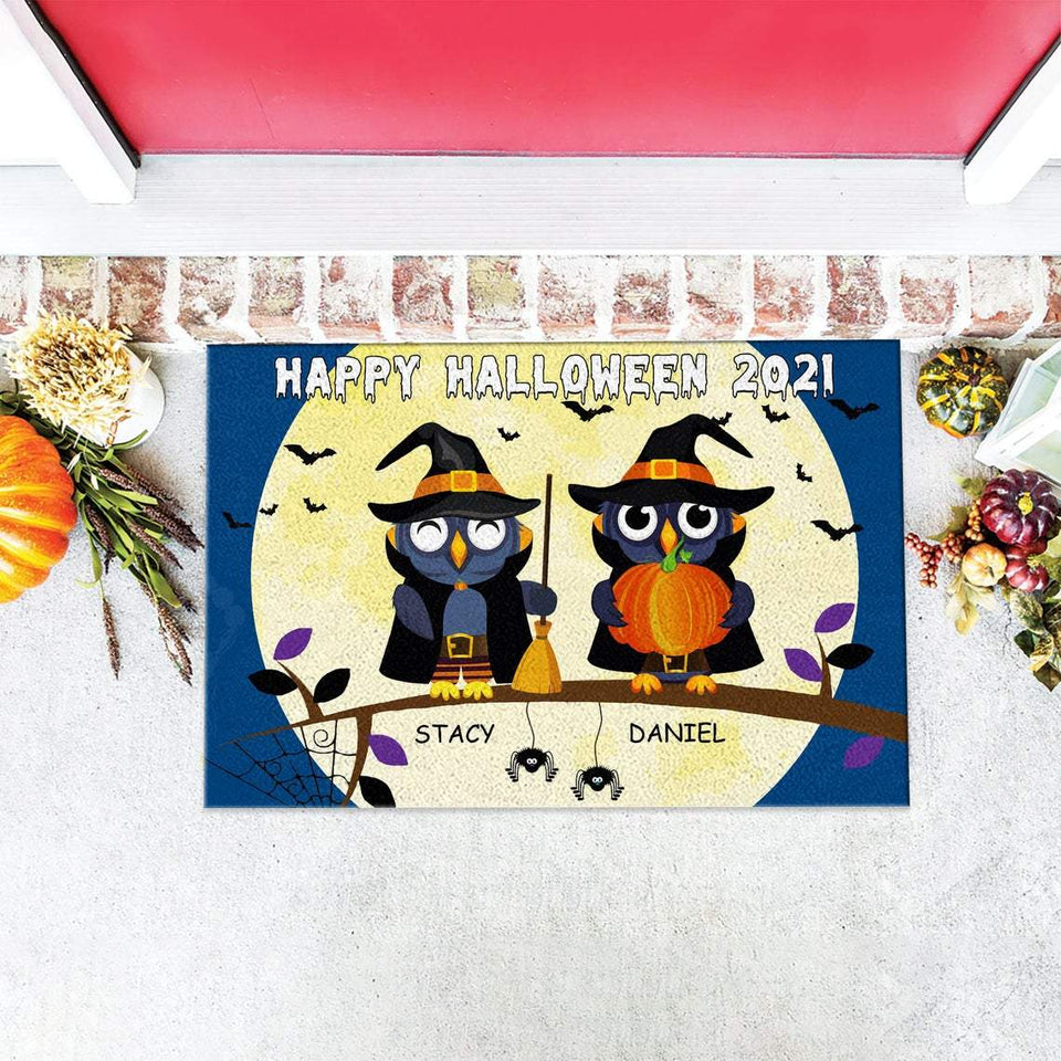 Custom Name Owl Couple 2021 Halloween Doormat | Best Outdoor Halloween Decoration