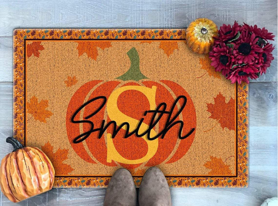 Custom Family Name Monogrammed Initial Pumpkin Halloween Doormat | Best Outdoor Halloween Decoration